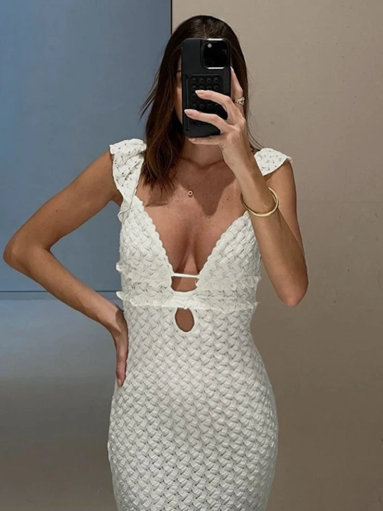 الخامس الرقبة عودة التعادل قطع منتصف الخصر النمط الأوروبي المرأة فستان أبيض مثير الربيع الصيف فساتين Bodycon الشيفون فستان ماكسي