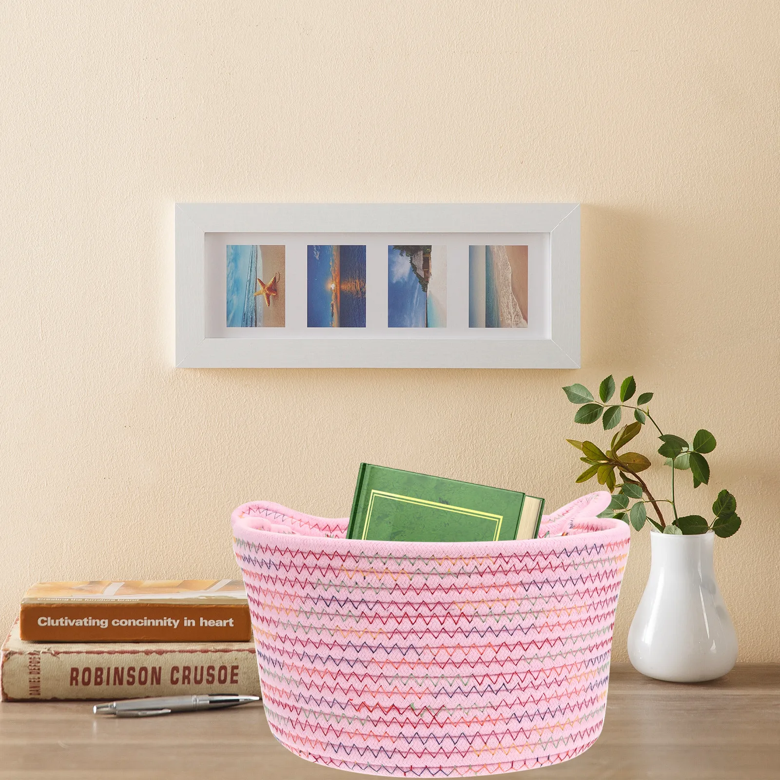

1pcs Large Cotton Rope Storage Basket With Handles Woven Organizer Holds Snacks Books Sundry Desktop Basket Simple