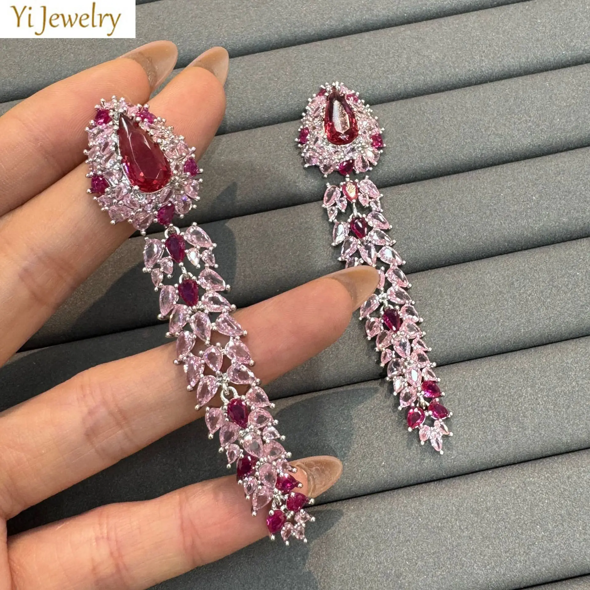 

pink red purple zirconia earrings for women luxury jewelry plant leaf dangling earrings pary daily wear female gift