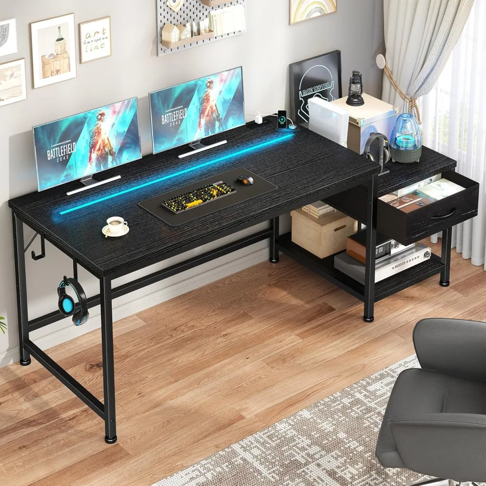 

Gaming Desk 56 Inch with LED Lights and Power Outlets,Reversible Computer Desk with Drawers and Shelf,Gaming Table with Hooks