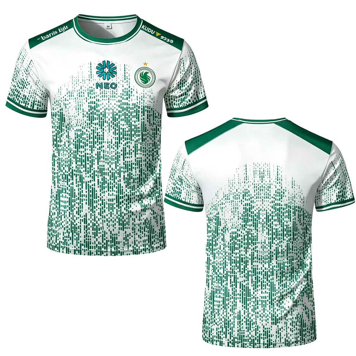 Men Soccer Jersey, White Blue Pixel Gradient Print Short Sleeve Football Shirt, Breathable Polyester Sport Training  Jersey Tops