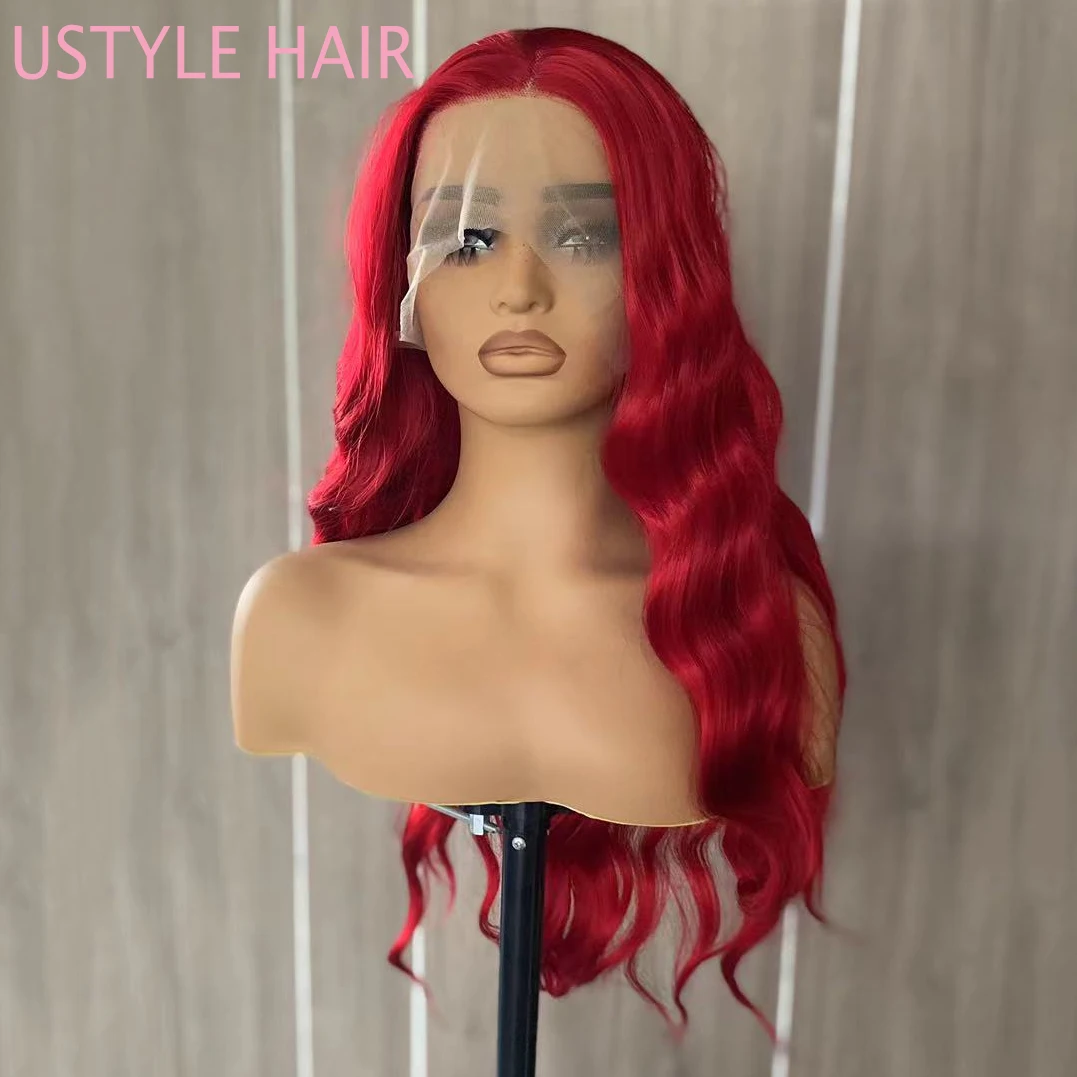 UStyleHair Red Long Natural Wave Wig Natural Hairline Daily Use Cosplay Wig Synthetic Lace Hair Hot Red Wig Daily Use Cosplay