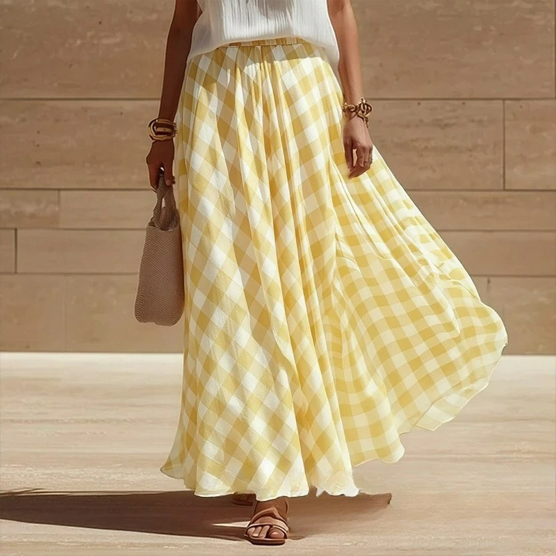 European American Foreign Trade Loose Tight New Retro Checkered Versatile Beach Half Dress Long Dress Large Swing Dress Comfort