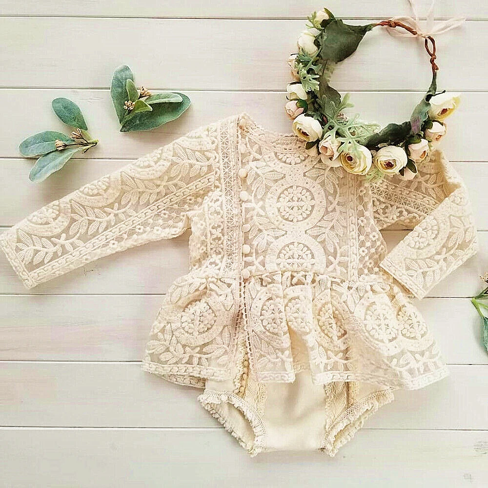 2019 Summer Newborn Baby Girl Clothes Sleeveless Solid Color White Lace Flower Ruffle Romper One-piece Outfit Sunsuit