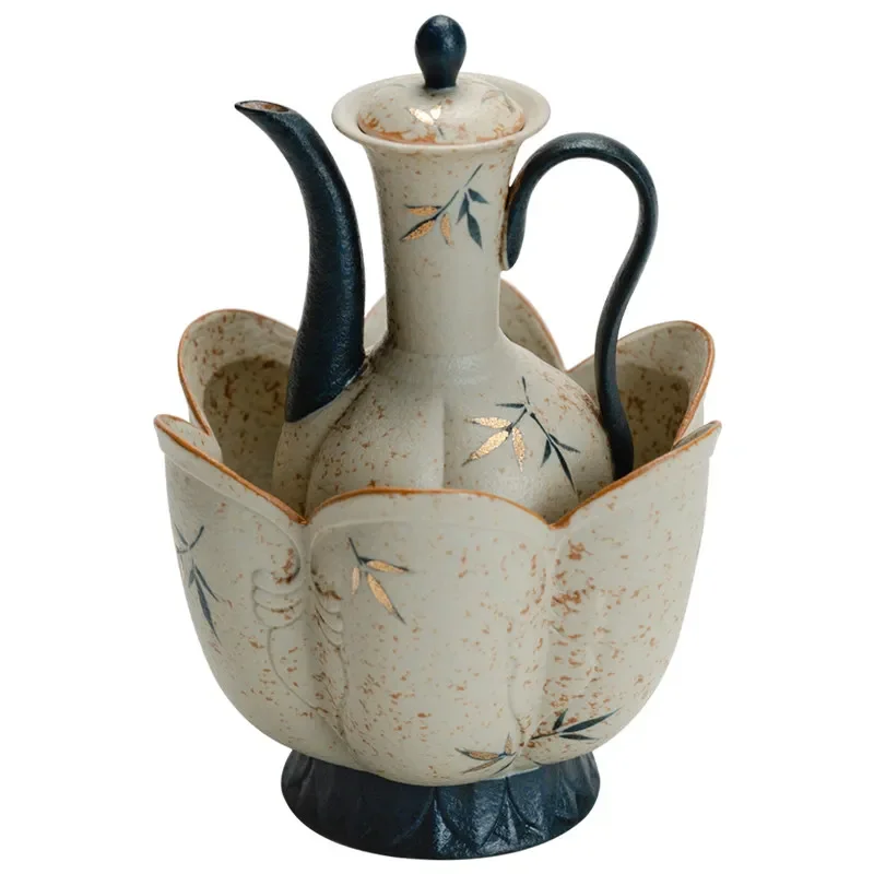 Ancient ceramic wine warmer teapot teacup set Hand-painted bamboo shadow home high-end wine set