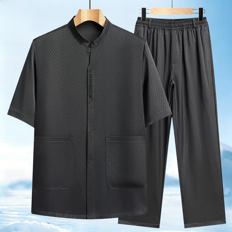 tuta-tang-da-uomo-a-maniche-corte-in-seta-ghiaccio-nuovo-stile-cinese-sottile-per-uomini-di-mezza-eta-casual-tinta-unita-collezione-estiva