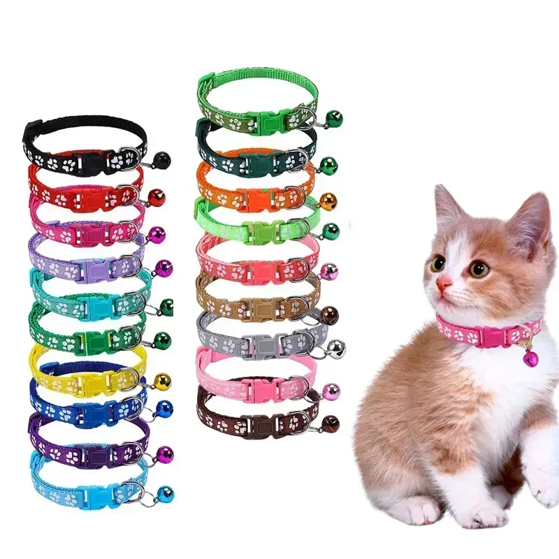 

Pet Collar With Bell Cartoon Footprint Colorful Dog Puppy Kitten Adjustable Safety Ring Necklace Accessories Multiple available