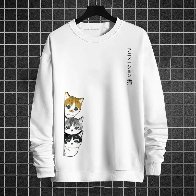 Japanese cat pattern men\'s hoodie retro animal 3D print sweatshirt casual long sleeve round neck hoodie pullover loose street je