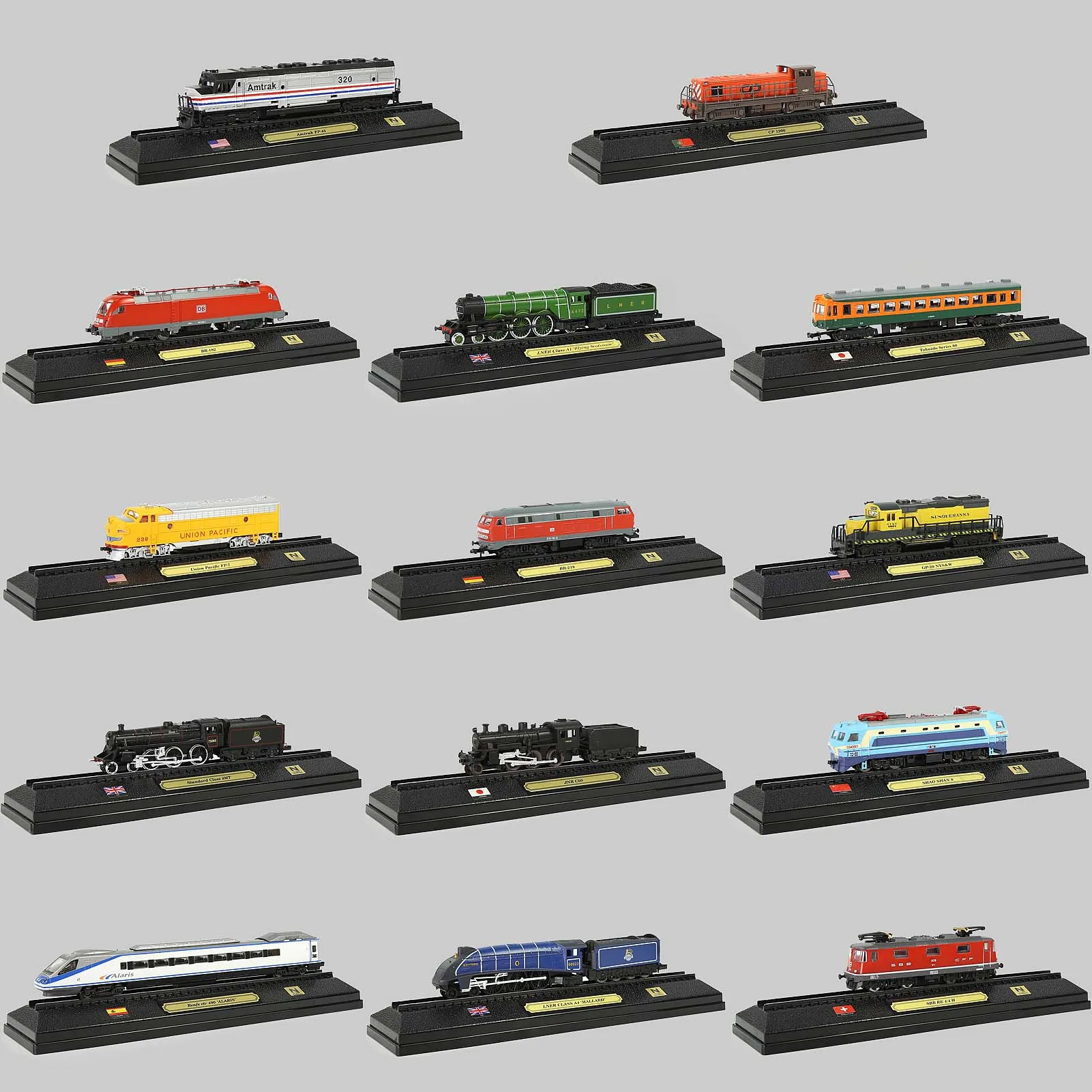 N Scale Model Railroad Static Plastic Locomotives with Base and Dustproof Display Case for Model Trains Display