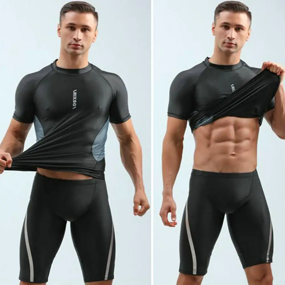 2Pcs/Set Swimming Suit Short Sleeve Top Shorts Set Letter Print Top Boyshorts Men Swimsuit