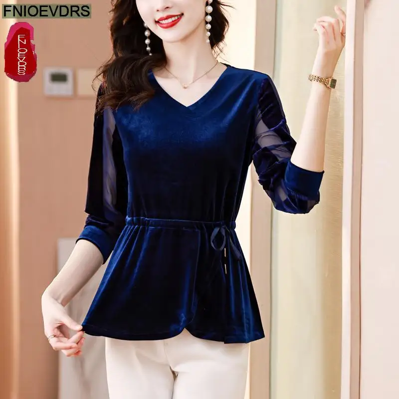 M-5XL Ruffles Bow Tunic Tops 2023 Women Long Sleeve Elegant Office Lady Belly Design Bling Button Warm Velvet Peplum Top Blouses