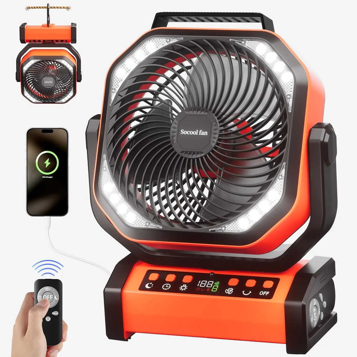 

Socool Camping Fan with Light, Rechargeable Battery, Remote Control, 112Hrs Runtime, Digital Display for Outdoor Use
