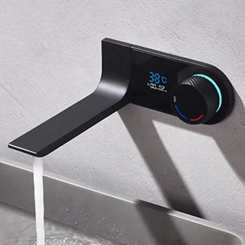 

New Design Wall Mounted Digital Temperature Display Widespread Black Brass Bathroom Vessel Sink Faucets