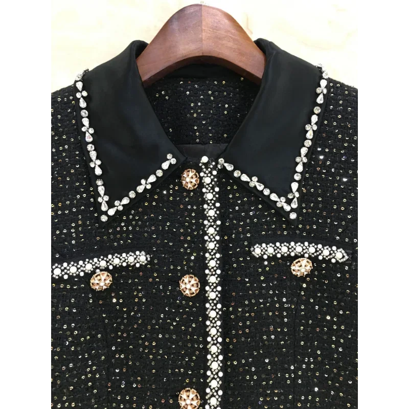 High-quality Sequined Small Fragrance Beaded Lapel Dress Women Elegant Chic Long Sleeve Office French Lady Tweed Dress One Piece