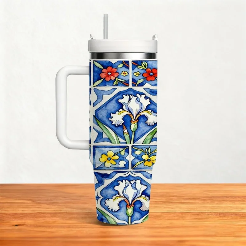 Vibrant Blue Tile Floral Print 40oz Stainless Steel Insulated Tumbler, Digital Printed Iris Flower Pattern Drinking Cup, Reusable Drink Container for Daily Use, Road Trips & Outdoor Activities