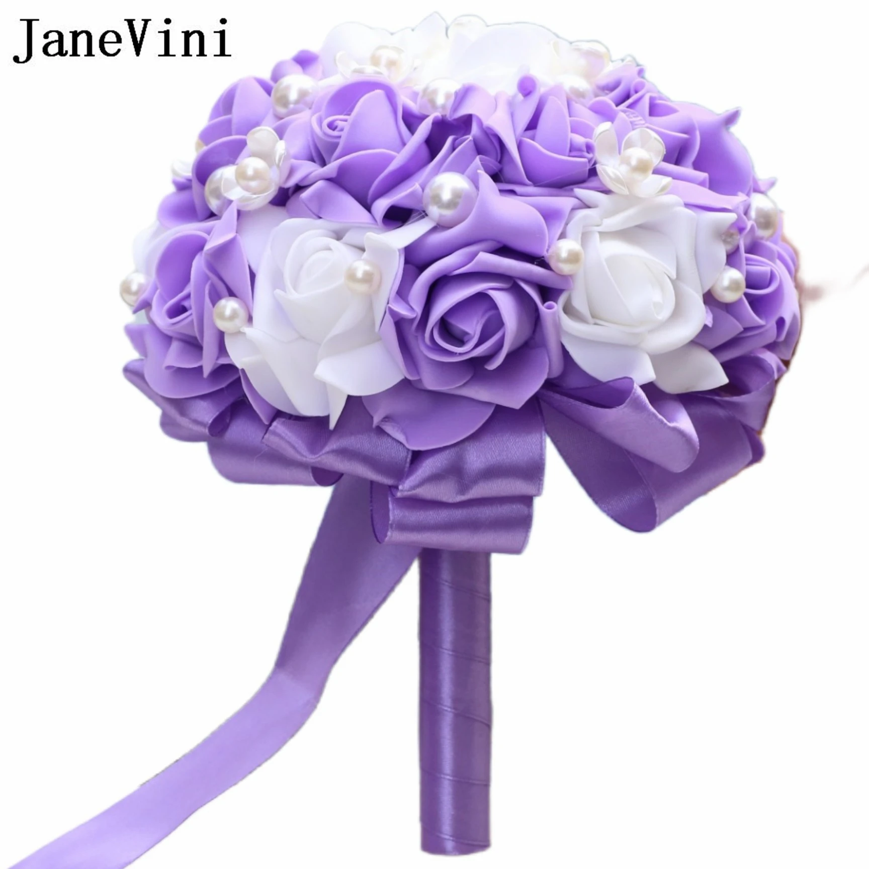 JaneVini PE Foam Rose Purple Wedding Bouquet for Bride Bridesmaid Artificial Pearls Bridal Flower Ramo De Novia Alcatraces 2023