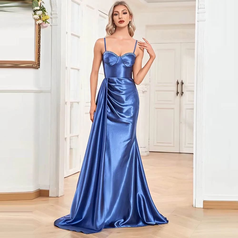 Customized Luxury Satin Mother of Bride Dresses Ruched Side Split Straps Ribbons Backless Long Party Wedding Party Dresses