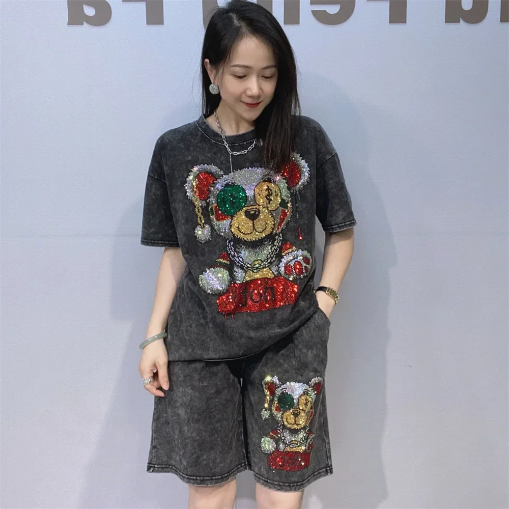 

Tie Dye Short Sets Women Summer Clothes Cartoon Bear Diamonds Loose Casual Tracksuit Knitting Two Piece Sets Womens Outifits