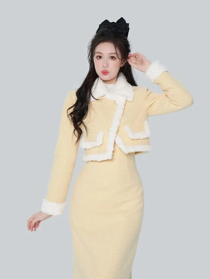 2-Piece Dress Set for Women, Long Sleeve Jacket and Skirts, Korean Fashion Suits, Elegant Temperament Gown, Autumn and Winter