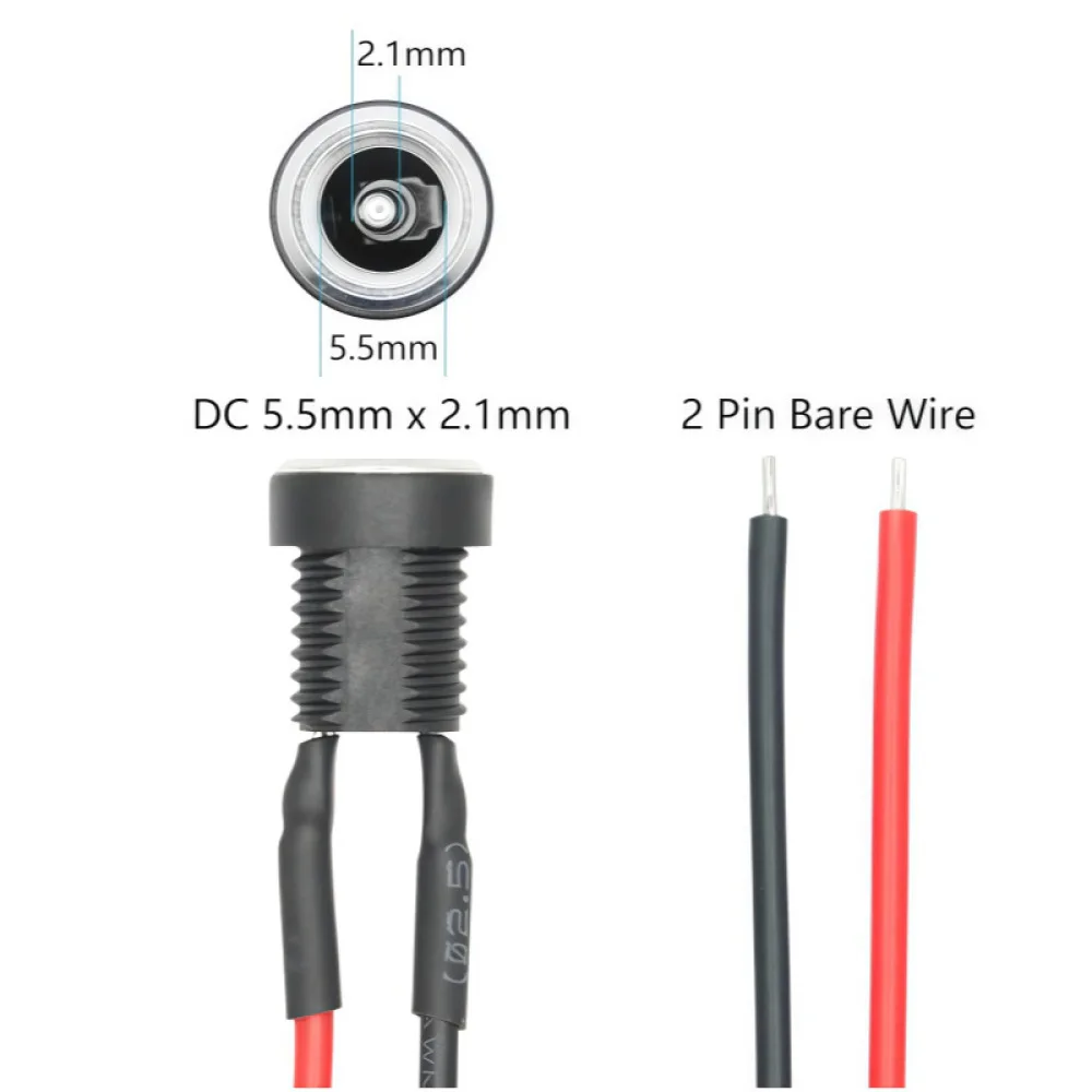 Threaded DC Power Jack Socket DC022B Waterproof Cap Panel Connector 5.5x2.1mm 5.5x2.5mm Port With 20cm Wiring Lead