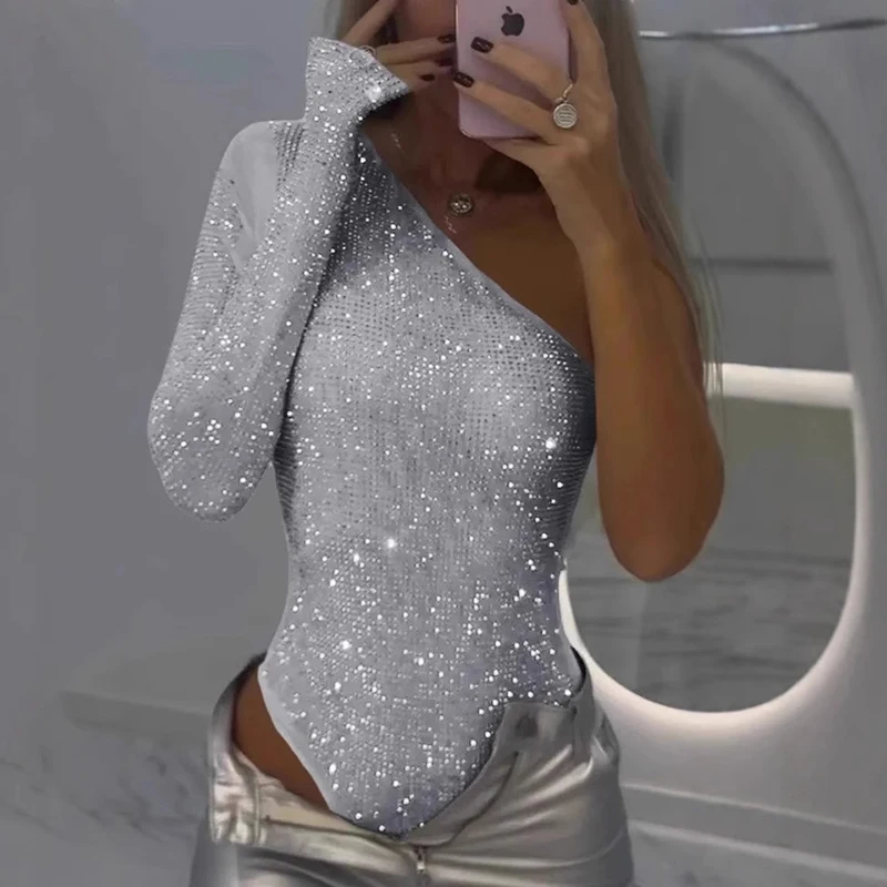 Women Elegant Shiny Sequins Asymmetrical Party Jumpsuit Fashion Hollow Out Slim Club Romper Sexy One Shoulder Sleeve Bodysuits