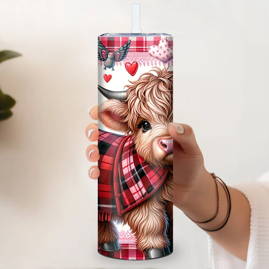 20oz Party Vacuum Tumblers Straw Lid 3D Print Highland Cow Valentine's Day Cups Stainless Hot Cold Insulated Bottle Party Mugs