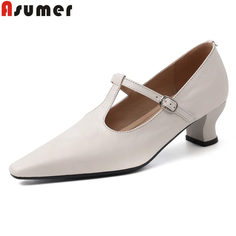 

ASUMER Plus Size 34-43 Genuine Leather Shoes T-Strap Pointed Toe Spring Summer Ladies Office Dress Shoes 5cm High Heels Footwear