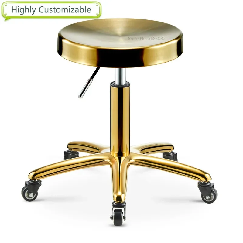 

High customizable Gloden Barber Chair Stainless Steel Metal Rotate Lift Beauty Stools Nail Embroidery Chairs with Rollers