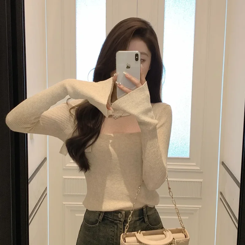 

Свитер с длинными рукавами и шнуровкой и бантом для женщин, осенняя тонкая короткая многослойная рубашка с внутренней стороны, топ