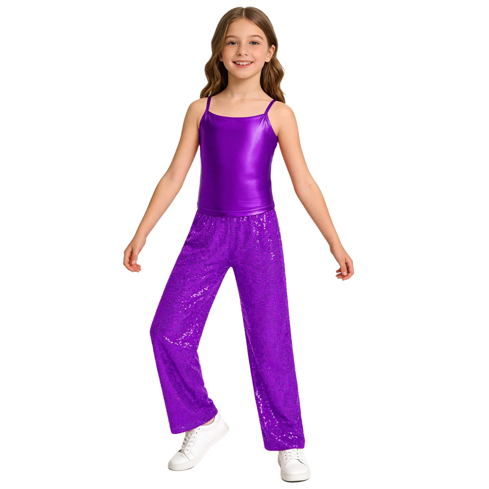 Kids Girls Modern Rhythmic Jazz Dance Performance Outfit Metallic Spaghetti Shoulder Straps Camisole with Sparkling Sequin Pants