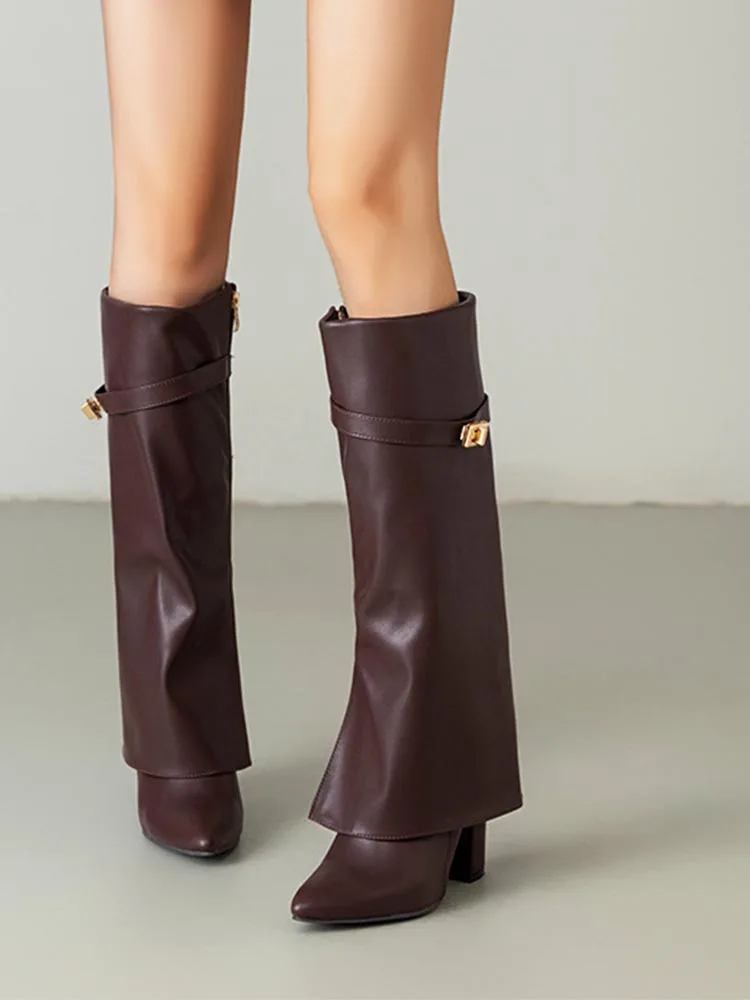 Bottes de chevalier à talons grossiers et longs pour femme, chaussures à bout pointu, couleur unie, avec boucle métallique, mode automne hiver