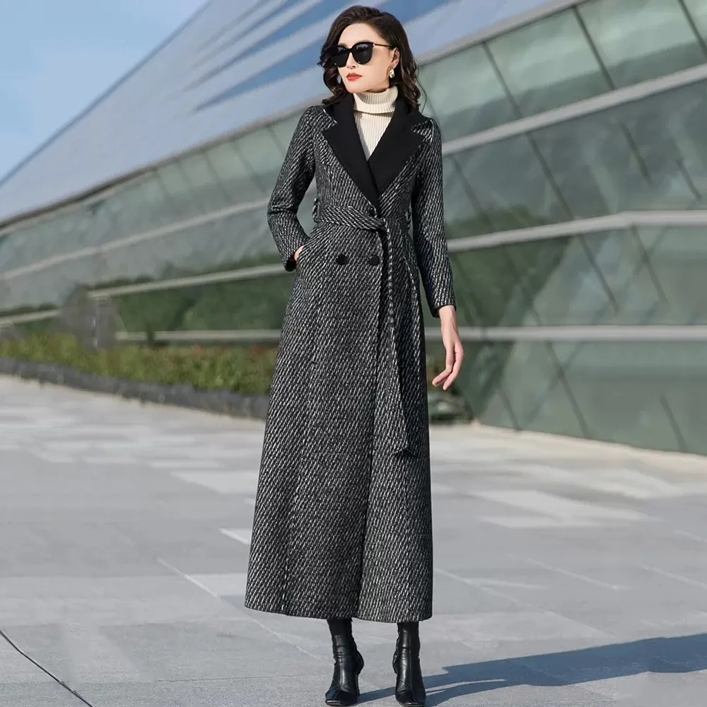 

New Women Black Plaid Long Woolen Coat Autumn Winter Fashion Simplicity Suit Collar Double Breasted Slim Wool Blended Overcoat