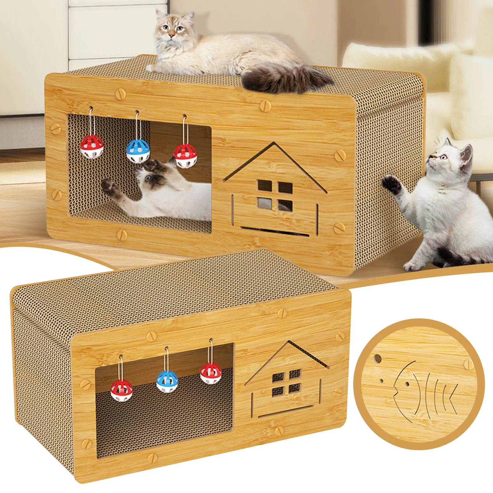 3 IN 1 Cat House Scratcher with 3 Balls Large Cardboard Cat House for Indoor Cats Toys Pet Condo Scratch Board Bed Furniture