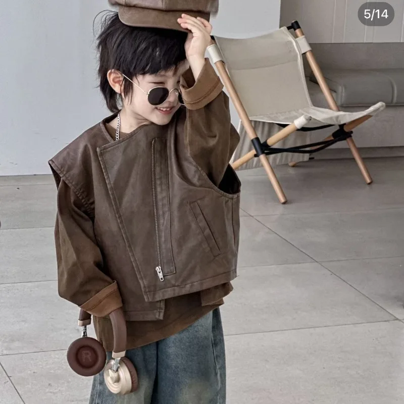 

Верхние комплекты для мальчиков, осень 2024, Новое поступление, стильный модный кожаный жилет без рукавов, крутая модная свободная рубашка с длинными рукавами, комплект из двух предметов