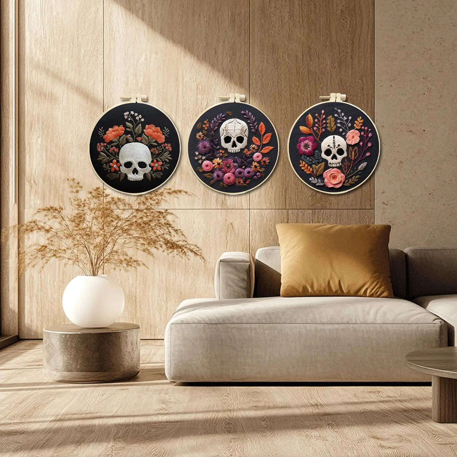 Skull Embroidery Halloween Embroidery Needle Point Kits Hand Crafts Practice Set Hoop Threads Scissors For Women Adults Craft