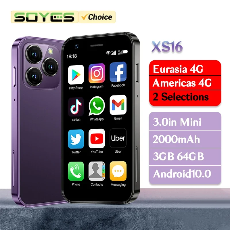 SOYES XS16 Mini Smartphone 3GB RAM 64 ROM 4G LTE Android 10.0 Quad Core 2000mAh Type C Dual SIM Standby 3.0 in Small Phone