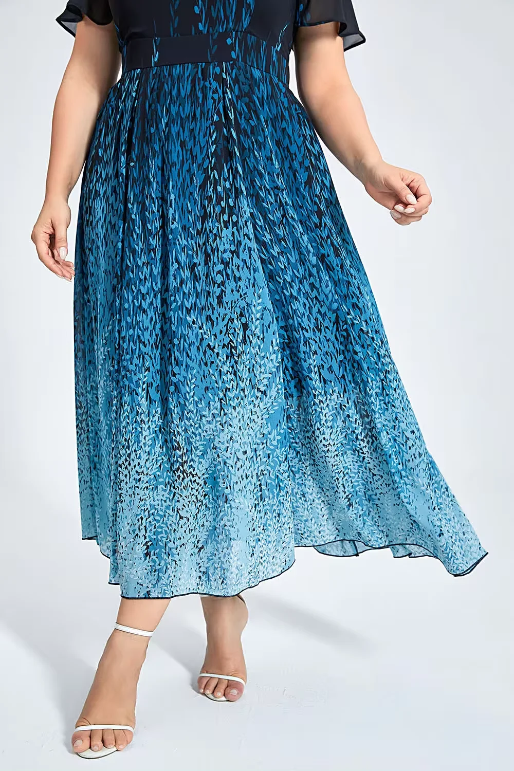 Plus Size Semi Formal Blue Chiffon Ombre Print Ruffle Sleeve Tunic Maxi Dress Elegant Party Casual Vintage Summer Dresses 2024