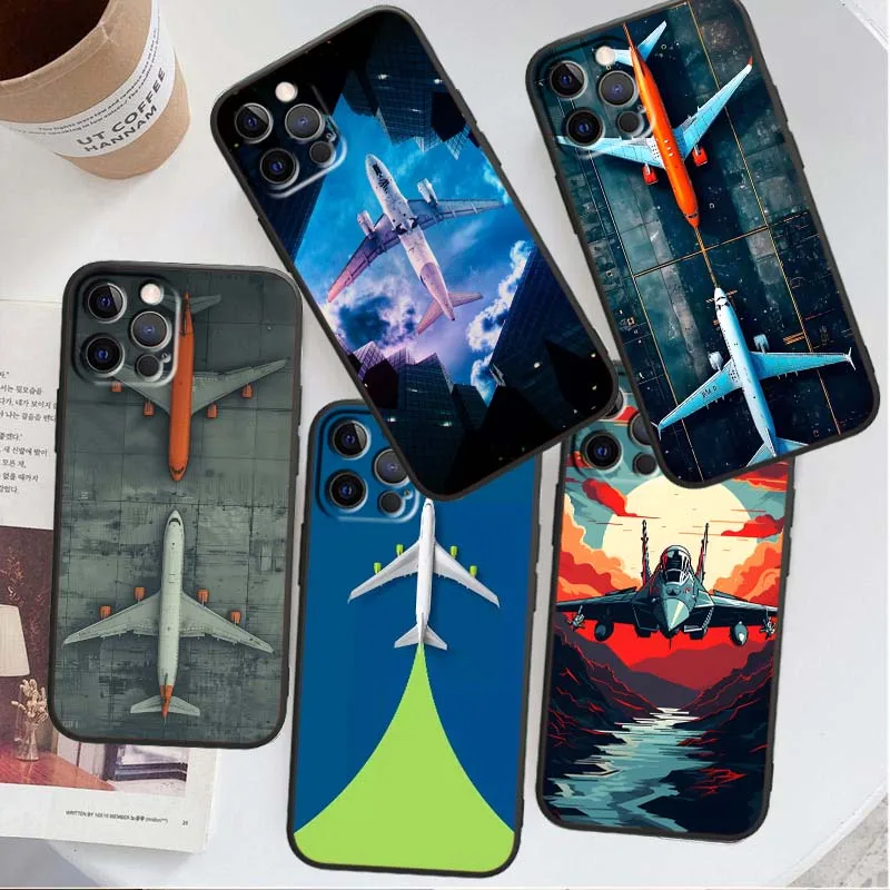 Fashion airplane pattern For Apple iPhone 17 16 16E 15 14 13 12 11 Pro Max Plus Black Soft Silicone Phone Case
