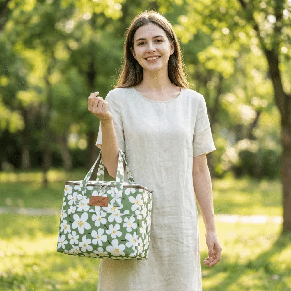 Handheld Oxford Fabric Floral Print Insulated Bag Waterproof Large Capacity Thermal Tote Reusable Oilproof Food Carrier Camping