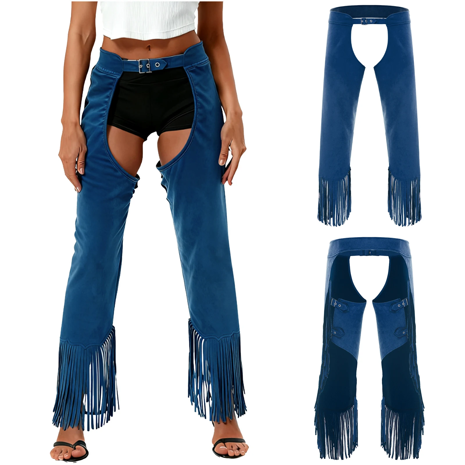 

Women Cowgirl Hippies Cosplay Dance Chaps Pants Open Crotch Split Fringe Suede Pants for Halloween Theme Party Cosplay Pants