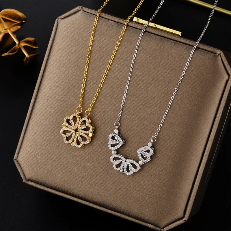 

New Female Stainless Steel Neck Chain Jewelry Fashion Double Wear Magnet Four Heart Flower Pendant Necklace For Women Sweet Sexy