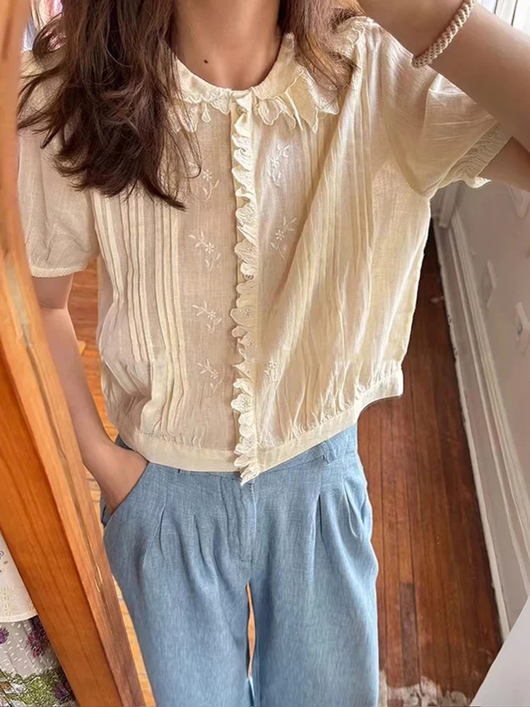 

Sweet Double Layer Petal Doll Collar Embroidered Pleated Short Sleeve Shirt French Style Loose Fit Pure Cotton Breathable Ski...