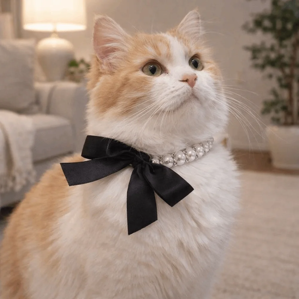 

Adjustable Pet Pearl Necklace Simulated Pearl Bling Cat Bead Collar Elegant Bow Knot Ribbon Cat Princess Collars Outdoor