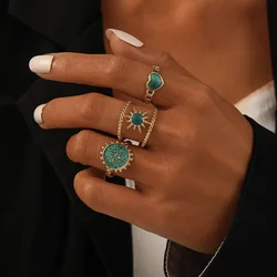 Stainless Steel Gold Color Green Oil Dripping Sun Open Ring Sets for Women Vintage Heart Adjustable Finger Rings Jewelry Gift