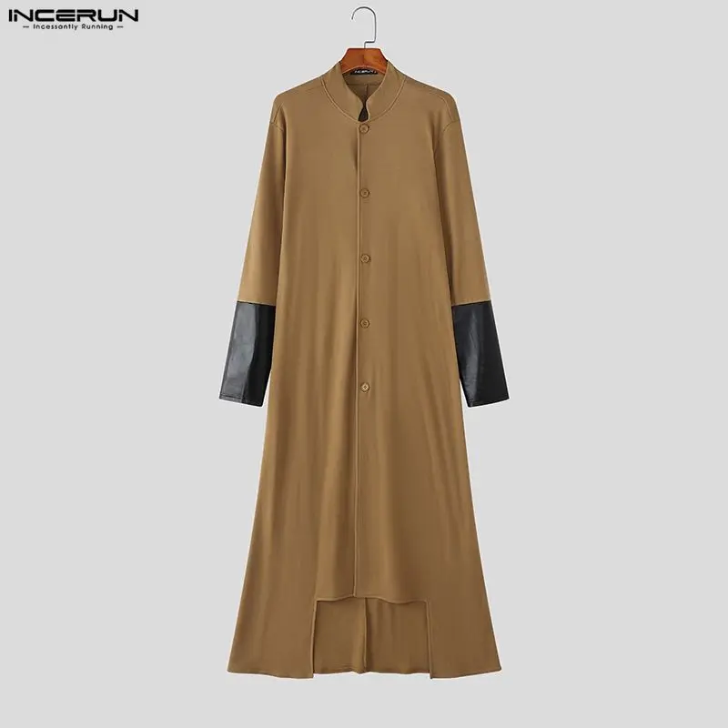 เสื้อโค้ทผู้ชาย INCERUN ทรงยาว แบบต่อผ้า คอตั้ง แขนยาว ติดกระดุม  แบบกันลม สไตล์สตรีทแวร์ แฟชั่นลำลอง