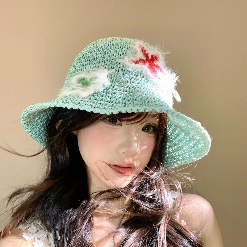 Women Hats Handmade Knitted Star-shaped Open-work Bucket Hat Summer Seaside Vacation Beach Sun Protection Caps for Ladies