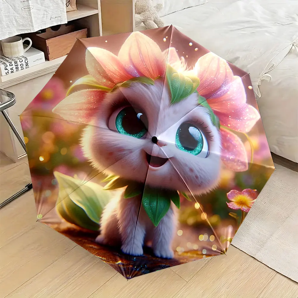 1PC Adorable flower-themed umbrella with a cute character design Print 8 Iron Ribs Folding Umbrella Auto-Open Fashion Sunshade