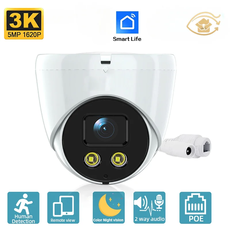 

3K 5MP двойная подсветка POE IP-купольная камера со встроенным микрофоном Pir Обнаружение человека IP65 Антивандальная уличная камера безопасности H.265 Полноцветная
