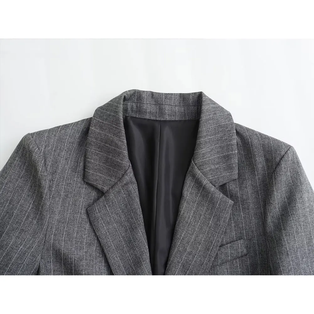 سترة مخططة بصف واحد من Duoperi بجيوب للنساء ، جاكيت بأكمام طويلة برقبة مسننة ، أنيقة وعصرية #3