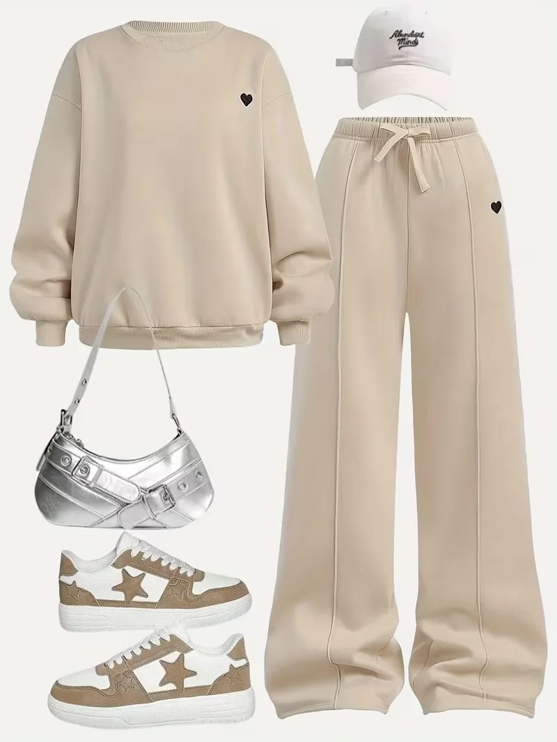 

Heart Logo Girls 2 Piece Set Beige Sweatshirt & Wide Leg Pants Trendy Casual Outfit for Spring Fall